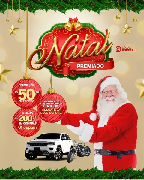 Template de post para Instagram com tema de Natal, apresentando o Papai Noel sorridente, enfeites natalinos, uma promoção de prêmios e sorteio de um carro e uma moto. As cores predominantes são vermelho e dourado, com elementos festivos.