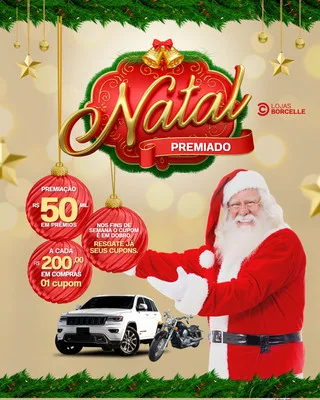 Template de post para Instagram com tema de Natal, apresentando o Papai Noel sorridente, enfeites natalinos, uma promoção de prêmios e sorteio de um carro e uma moto. As cores predominantes são vermelho e dourado, com elementos festivos.