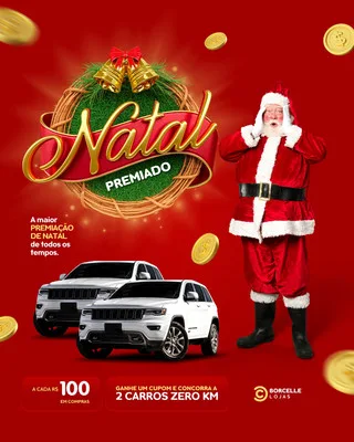 Template de post para Instagram com tema de Natal. Apresenta o Papai Noel em destaque, um laço dourado com a palavra 'Natal Premiado', dois carros brancos e moedas de ouro caindo. Fundo vermelho vibrante, ideal para promoções de fim de ano.