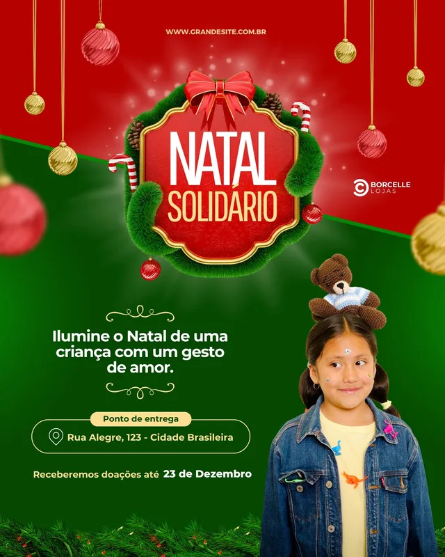 Post para Instagram com tema de Natal Solidário. Fundo vermelho e verde com enfeites natalinos. Destaca o título 'Natal Solidário' em um emblema festivo, com a frase 'Ilumine o Natal de uma criança com um gesto de amor'. Inclui informações sobre ponto de entrega e data limite para doações, além da imagem de uma menina sorridente.
