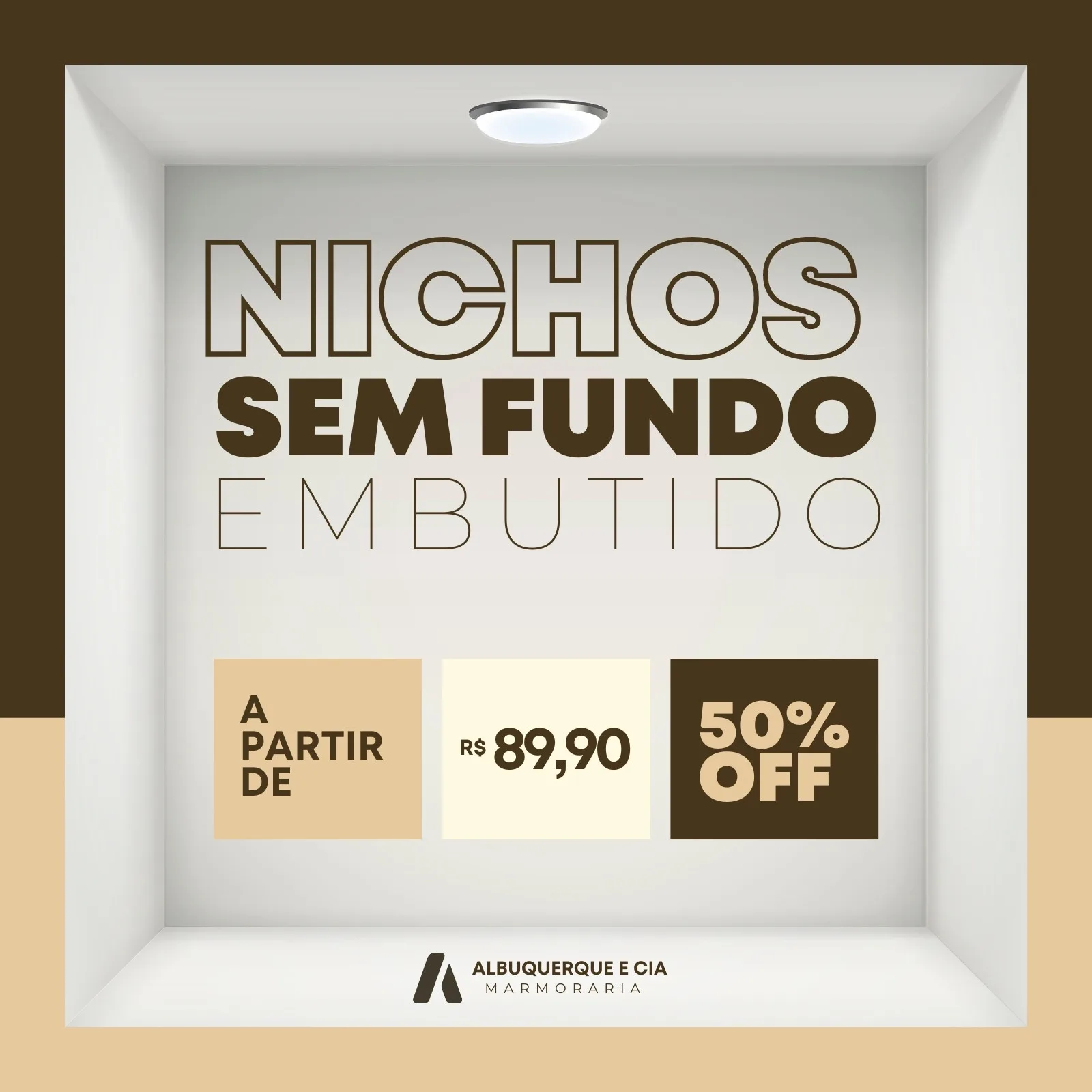 Template de post para redes sociais destacando nichos embutidos sem fundo para marmoraria. O design apresenta o texto 'Nichos Sem Fundo Embutido', preço a partir de R$ 89,90 e 50% OFF, com o logo da Albuquerque e Cia Marmoraria.