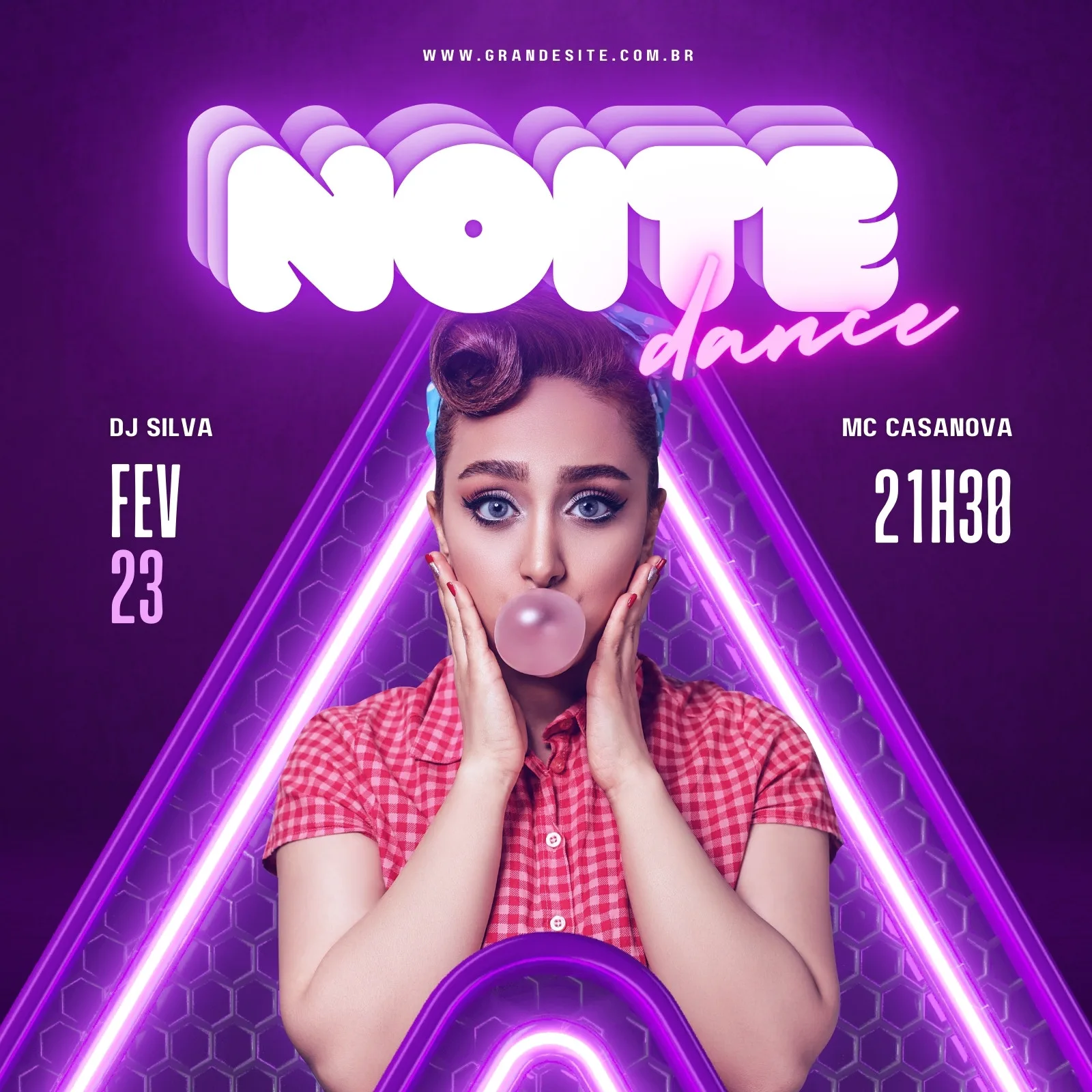 Post para Instagram de evento de música com o título 'Noite Dance'. Apresenta uma mulher com estilo pin-up soprando chiclete, em um fundo roxo vibrante com luzes de neon em formato de triângulo.