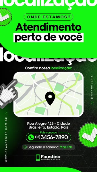 Story do Instagram com fundo preto e detalhes em verde neon. Um mapa estilizado com um pin de localização no centro. Abaixo, informações de endereço, telefone e horário de funcionamento para uma assistência técnica de smartphones.