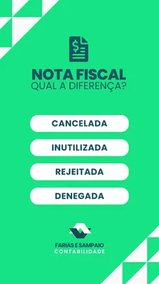 Template de Story para Instagram com fundo verde vibrante. Título 'Nota Fiscal: Qual a Diferença?' em letras brancas e azuis. Quatro botões brancos com opções: Cancelada, Inutilizada, Rejeitada, Denegada. Logo de contabilidade no rodapé. Ideal para posts informativos.