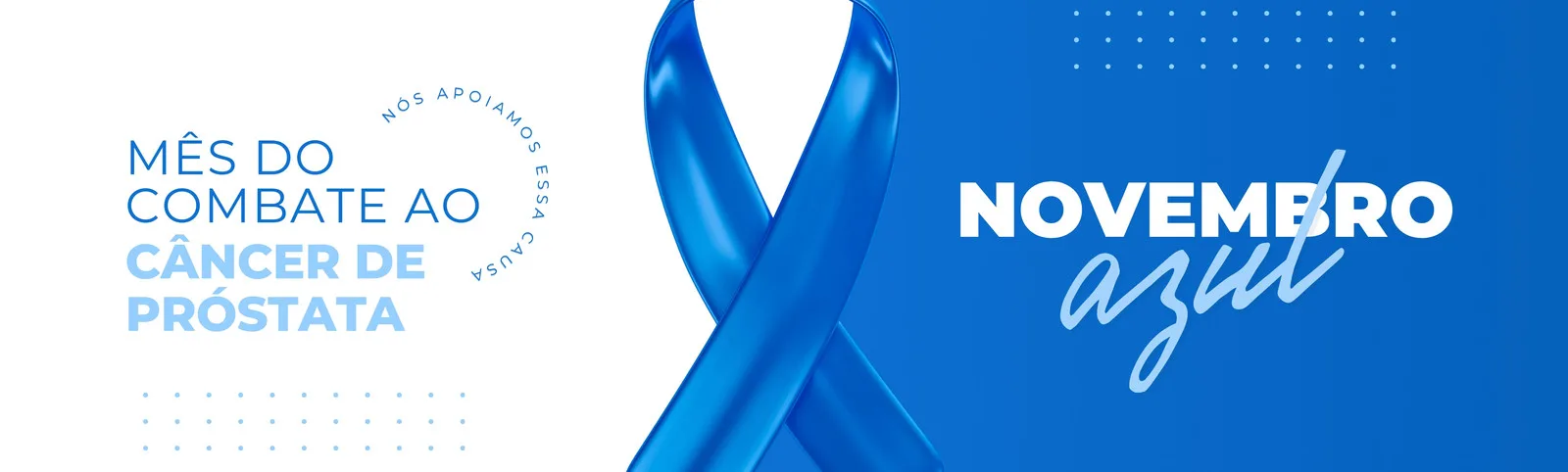 Banner horizontal com fundo azul e branco, destacando a fita azul símbolo do Novembro Azul. Texto 'Mês do Combate ao Câncer de Próstata' e 'Novembro Azul' em destaque.