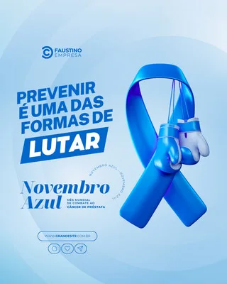 Post para Instagram e Facebook com tema Novembro Azul. Um laço azul, símbolo da campanha, está decorado com luvas de boxe, transmitindo a mensagem 'Prevenir é uma das formas de lutar'. O fundo é gradiente azul claro.