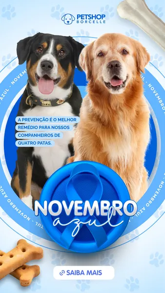 Um story de Instagram com fundo azul claro e branco, apresentando dois cães fofos, um Bernese e um Golden Retriever. O tema é Novembro Azul Pet, com mensagens sobre prevenção de câncer e o logo de um petshop.