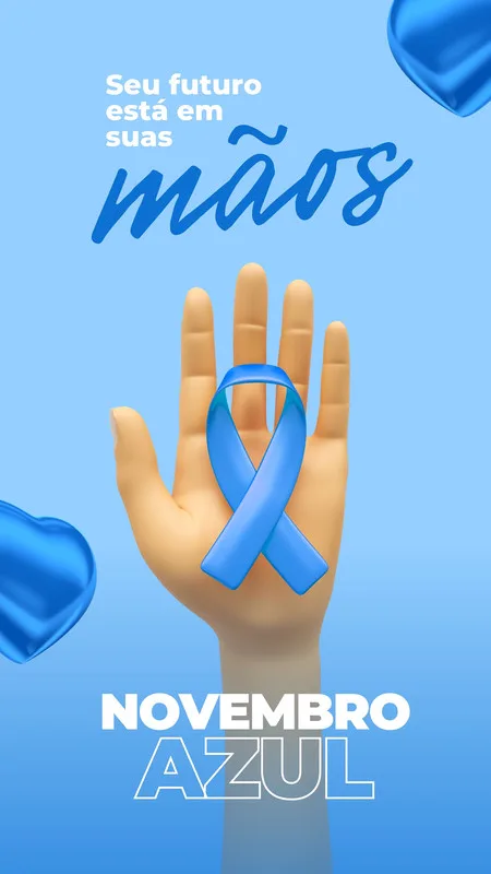 Template de Story para Instagram com fundo azul claro, apresentando uma mão aberta com uma fita azul de conscientização do Novembro Azul. O texto 'Seu futuro está em suas mãos' e 'Novembro Azul' complementam a mensagem de saúde masculina.