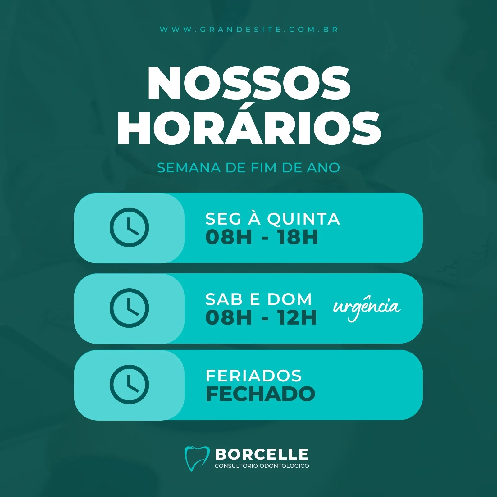 Template de post para Instagram com fundo verde escuro e elementos em azul turquesa, anunciando os novos horários de um consultório odontológico. Destaca dias da semana, horários de atendimento e informa sobre fechamento em feriados.