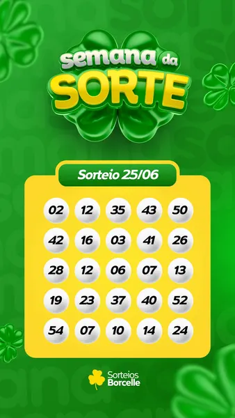 Template de Instagram Story com fundo verde e elementos de trevo. Um banner amarelo exibe a frase 'Semana da Sorte' e uma grade de números sorteados em esferas brancas, com a data do sorteio indicada.