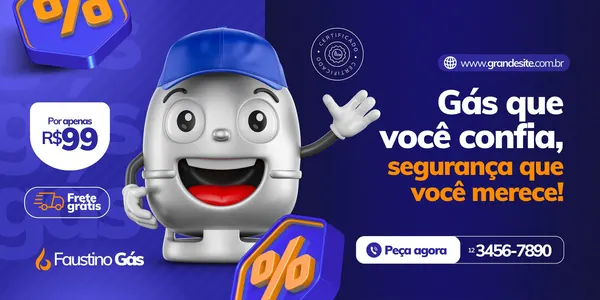 Banner horizontal azul e laranja para empresa de gás, apresentando um mascote animado de botijão de gás sorridente. Destaca a oferta "Por apenas R$99", "Frete grátis" e o slogan "Gás que você confia, segurança que você merece!". Inclui um botão "Peça agora" e telefone.