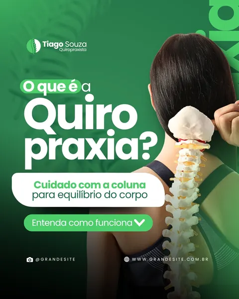 Post para Instagram com fundo verde e branco, apresentando um modelo de coluna vertebral e a pergunta 'O que é a Quiropraxia?'. Destaca o cuidado com a coluna para o equilíbrio do corpo e convida o leitor a entender como funciona.