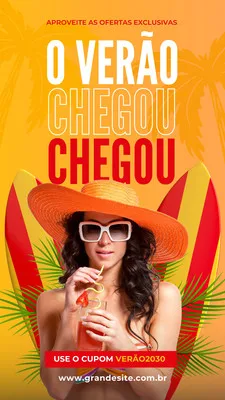 Template de Instagram Story com tema de verão, apresentando uma mulher com chapéu de sol e óculos escuros bebendo um drink. O fundo tem coqueiros e pranchas de surf, com texto promocional e um cupom de desconto.