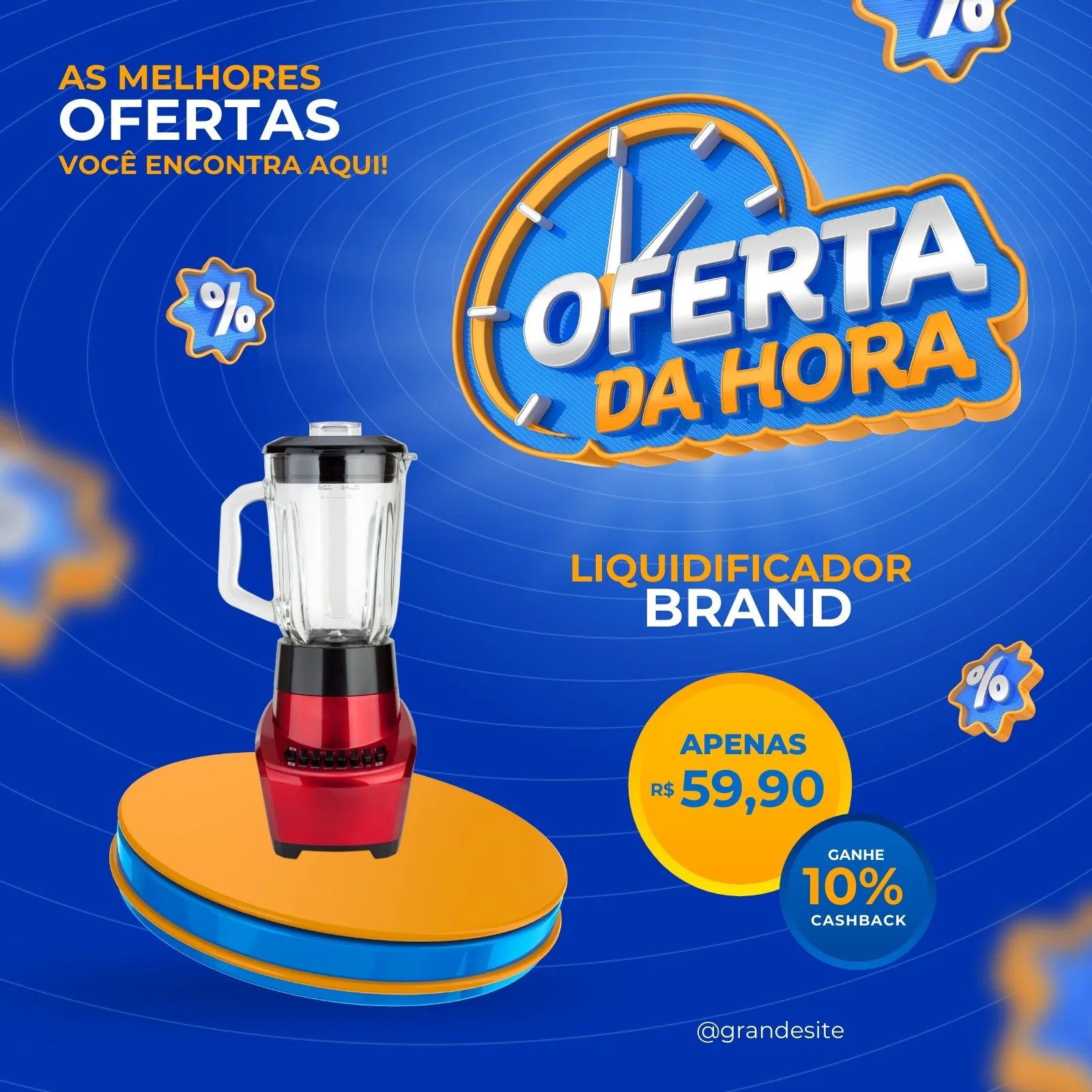 Template de post para redes sociais com fundo azul vibrante, destacando um liquidificador vermelho em oferta. O título 'Oferta da Hora' em destaque, com informações de preço e cashback, ideal para promoções de comércio.