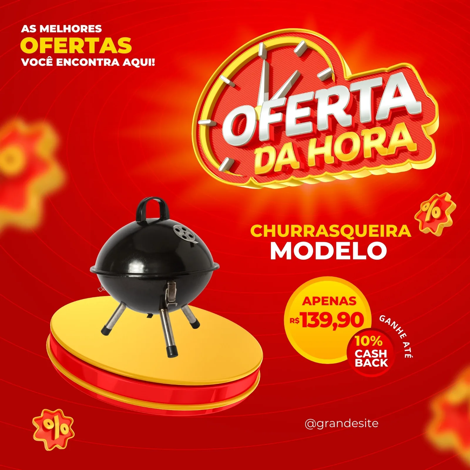 Post para redes sociais com fundo vermelho vibrante anunciando 'Oferta da Hora' para uma churrasqueira. O produto está em destaque sobre uma base amarela e vermelha, com preço e cashback visíveis. Elementos gráficos de desconto e relógio completam o design.