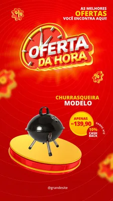 Template de Story para Instagram com fundo vermelho e detalhes em amarelo. Destaca uma churrasqueira preta em um pedestal, com o texto "Oferta da Hora" e preço promocional. Ideal para divulgar promoções de produtos.