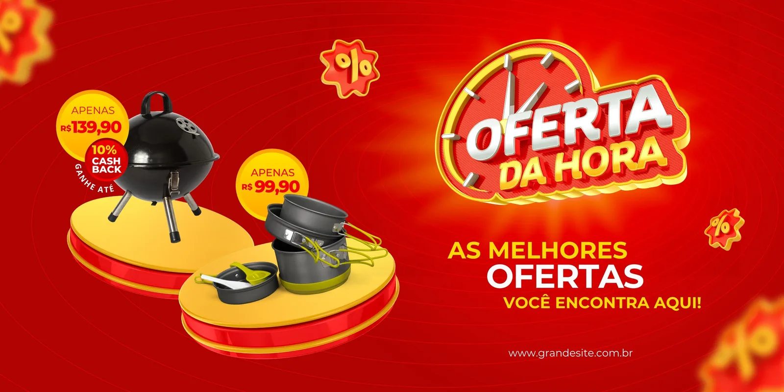 Banner horizontal vermelho vibrante com o título 'Oferta da Hora' em destaque. Apresenta uma churrasqueira preta e um conjunto de panelas de acampamento, com preços promocionais e selo de cashback. Ideal para divulgar ofertas de produtos domésticos.
