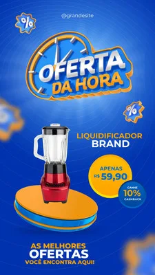 Story de Instagram com fundo azul vibrante e elementos gráficos de relógio e porcentagem. Um liquidificador moderno vermelho e laranja em destaque, com texto 'Oferta da Hora' e detalhes de preço e cashback.
