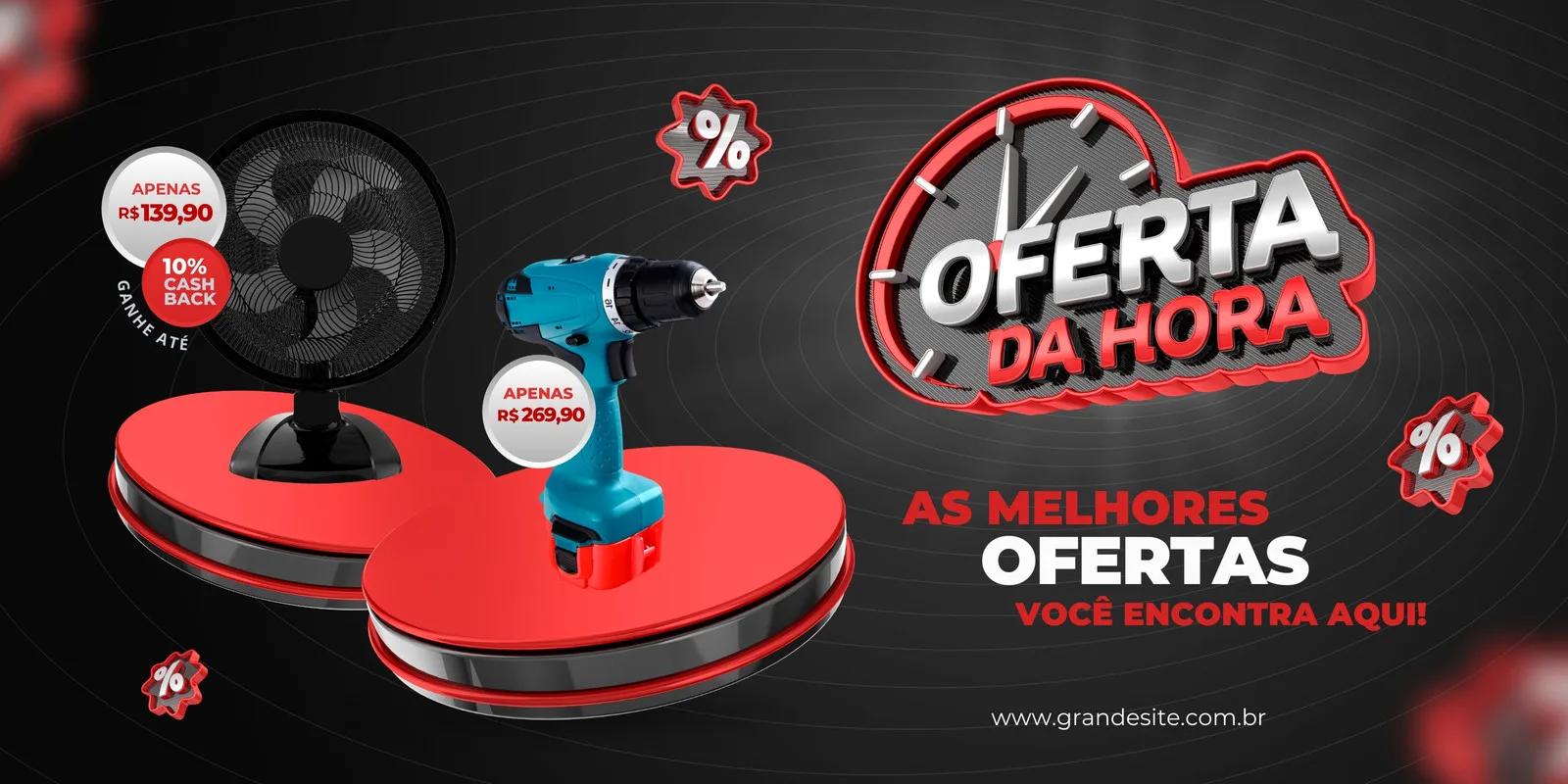 Banner horizontal com fundo preto e detalhes em vermelho. Apresenta um ventilador e uma furadeira em pedestais vermelhos, com preços em destaque e o logo 'Oferta da Hora'. Ideal para divulgar promoções de eletrônicos.