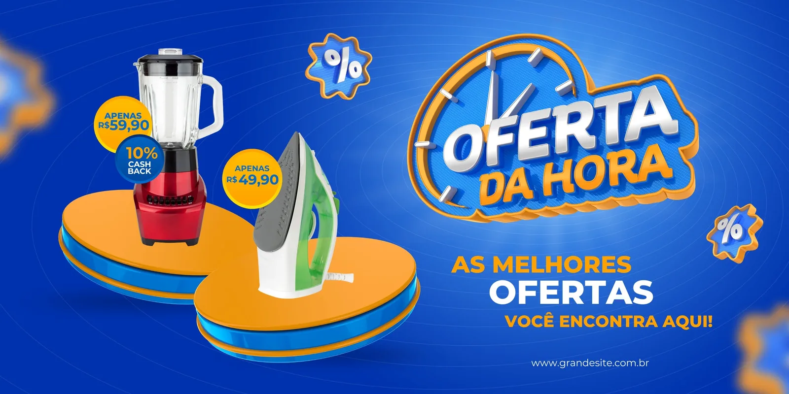 Banner horizontal azul com detalhes em laranja e amarelo, promovendo a oferta da hora em eletrodomésticos. Um liquidificador e um ferro de passar estão em destaque, com preços e percentual de cash back visíveis.