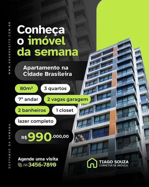 Post de Instagram com fundo escuro e detalhes em verde neon, anunciando um apartamento à venda. Destaca 'Conheça o imóvel da semana' e detalhes como 80m², 3 quartos, 2 vagas de garagem e preço R$990.000,00. Inclui informações de contato do corretor.