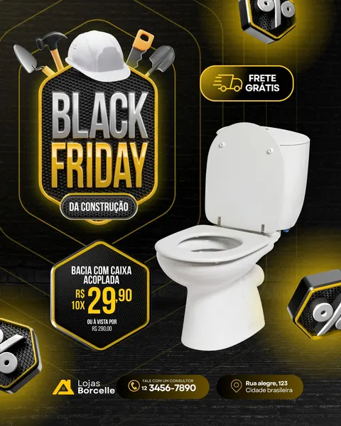 Post de Black Friday da Construção em preto e amarelo vibrante, com capacete de segurança e ferramentas. Destaca uma bacia sanitária com caixa acoplada em oferta, preço parcelado e frete grátis. Elementos gráficos de porcentagem e informações de contato completam o design, ideal para lojas de materiais de construção divulgarem promoções.