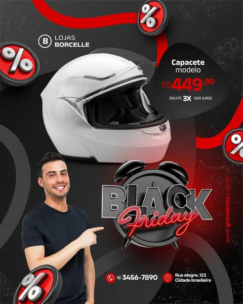 Post de Black Friday para loja de motos, com fundo preto e detalhes em vermelho vibrante. Apresenta um capacete branco moderno em destaque, preço promocional e a frase 'BLACK Friday' com um despertador. Um homem sorridente aponta para a oferta, rodeado por ícones de porcentagem, ideal para anunciar descontos e atrair motociclistas.