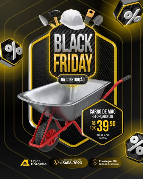 Post para Instagram com tema Black Friday para loja de construção. Destaca um carrinho de mão reforçado com preço promocional em destaque. O design moderno em preto e amarelo inclui ícones de ferramentas e porcentagem, ideal para anunciar ofertas.