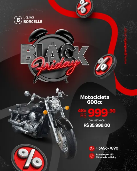 Um post de Black Friday para loja de motos, com fundo preto e detalhes em vermelho vibrante. Apresenta uma motocicleta preta detalhada em primeiro plano, um despertador com o texto 'Black Friday' em destaque, e símbolos de porcentagem flutuando. Inclui informações de preço, parcelamento e contato, ideal para promoções de veículos.