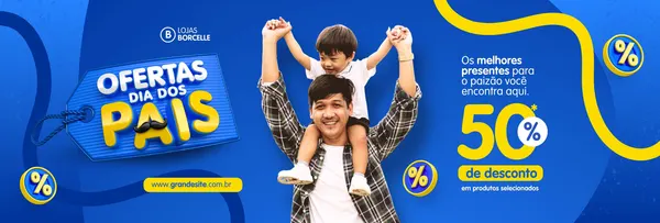 Banner horizontal azul com detalhes em amarelo e branco. Destaca a frase 'Ofertas Dia dos Pais' com um bigode estilizado, e anuncia '50% de desconto'. Uma imagem de pai e filho sorrindo no centro reforça o tema familiar e promocional.