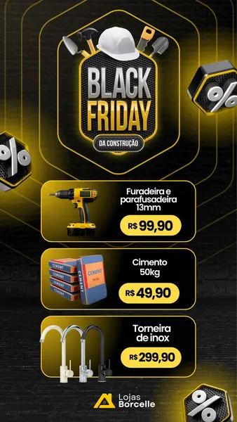 Template de story para Instagram com tema Black Friday da Construção, fundo preto e detalhes amarelos vibrantes. Exibe capacete e ferramentas de obra no topo, com o título "Black Friday da Construção". Abaixo, três cards de oferta para furadeira, cimento e torneira de inox, com preços destacados. Inclui elementos gráficos de porcentagem, ideal para promoções de lojas de materiais.