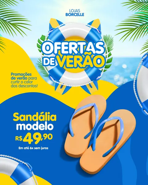 Post de Instagram com tema de verão em azul e amarelo vibrantes, mostrando um par de sandálias cor de areia com tiras azuis. O design inclui uma boia salva-vidas listrada, folhas de palmeira e a frase em destaque "OFERTAS DE VERÃO". Há também texto promocional sobre "Sandália modelo R$49,90" e "Em até 6x sem juros", com um fundo de praia e mar.