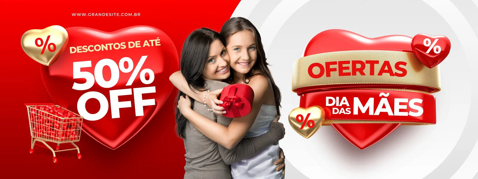 Banner horizontal vermelho e branco com corações, destacando 'Ofertas Dia das Mães' e 'Descontos de até 50% OFF'. Uma mãe e filha se abraçam, com um carrinho de compras cheio de produtos ao lado, ideal para promoções de varejo.