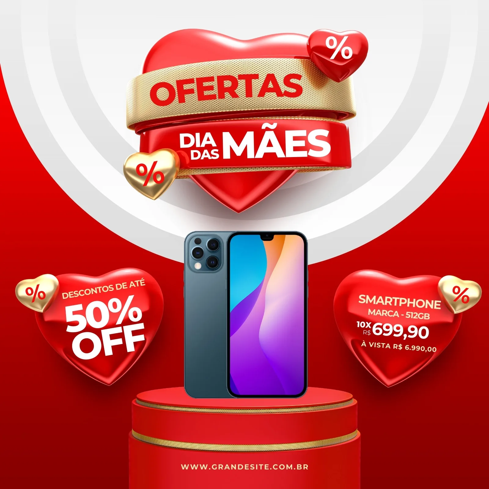 Post de Instagram com tema de Dia das Mães, apresentando um smartphone em destaque. Em volta, corações vermelhos com selos de 'Ofertas', '50% OFF' e detalhes de preço, com fundo vermelho e branco.