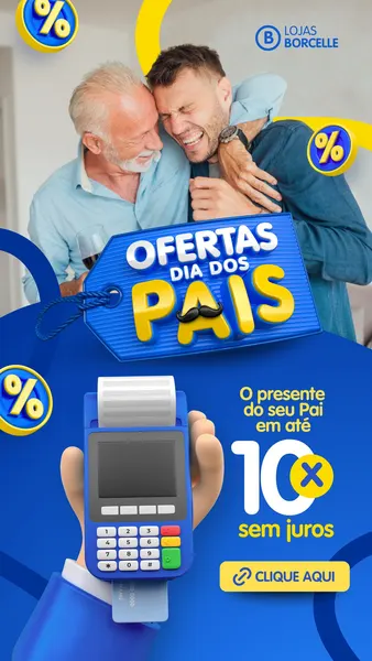 Um homem mais velho e um homem mais jovem se abraçando com alegria, celebrando o Dia dos Pais. O template exibe "Ofertas Dia dos Pais" em destaque, com um cartão de crédito e uma maquininha de pagamento, promovendo parcelamento em até 10x sem juros para uma loja de bicicletas.