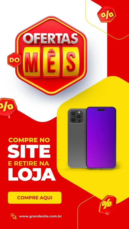 Template de Instagram Story com fundo vermelho e amarelo vibrante, destacando a promoção 'Ofertas do Mês' com um ícone de caça-níqueis. Inclui imagens de smartphones e um botão 'Compre Aqui', ideal para lojas de varejo e moda.