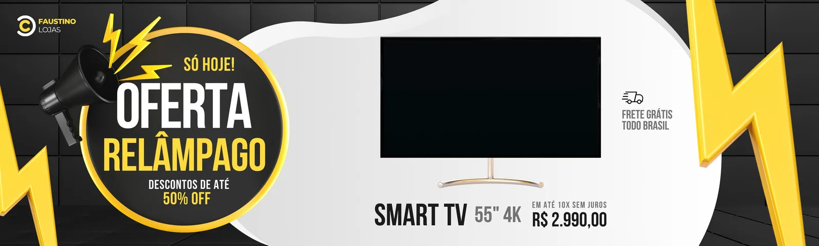 Banner horizontal para loja de eletrônicos com o título "Oferta Relâmpago". Um megafone emite raios amarelos, e um televisor Smart TV 55" 4K em promoção com preço e frete grátis é o destaque. O design moderno usa preto, amarelo e branco.