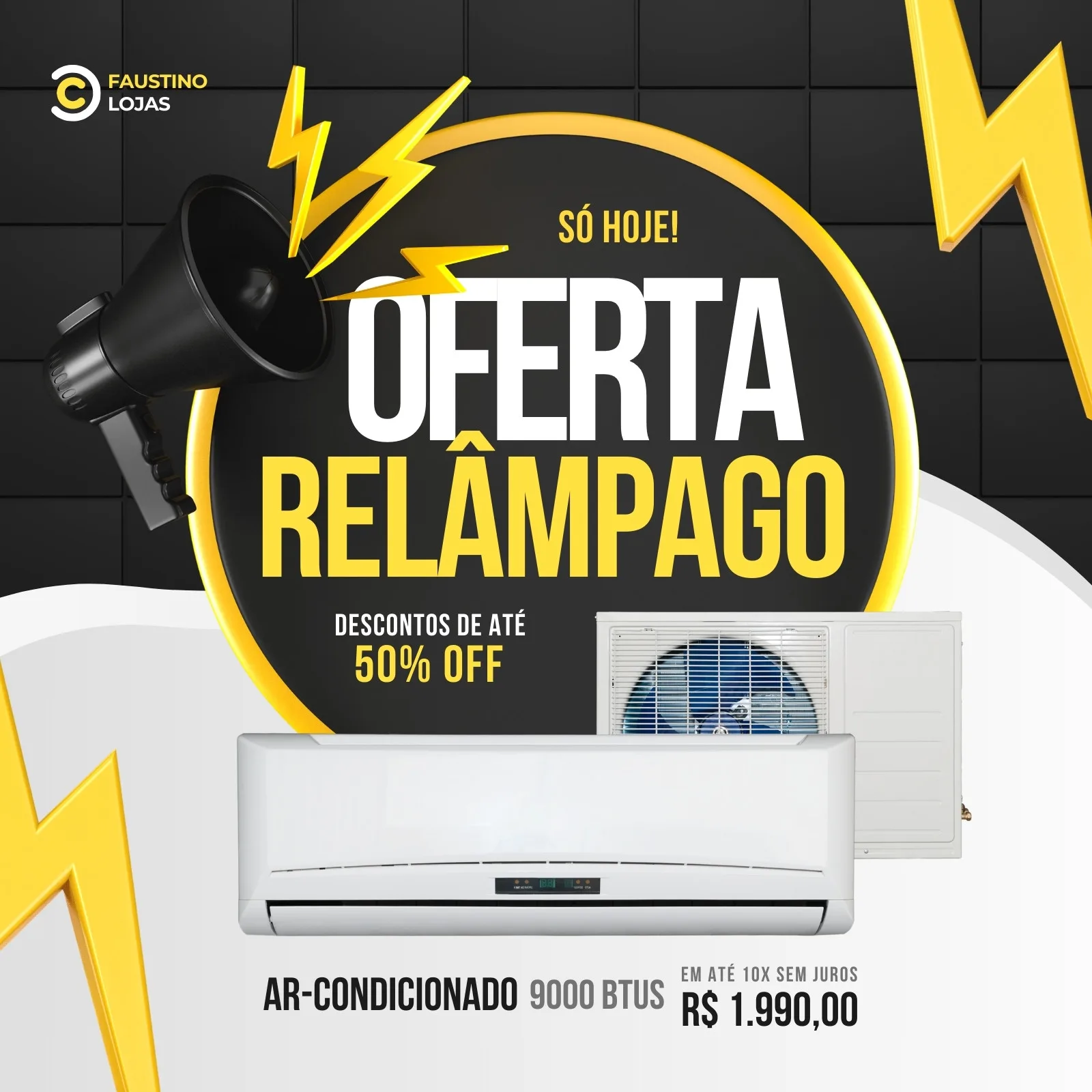 Template de post para Instagram com fundo preto e detalhes em amarelo e branco. Destaca um ar-condicionado com a oferta 'Relâmpago', descontos de 50% OFF e preço promocional. Inclui um megafone e raios para chamar atenção.