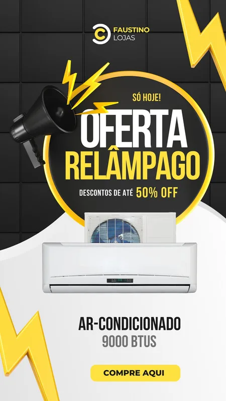 Template de Story para Instagram com fundo preto e detalhes amarelos, anunciando 'Oferta Relâmpago' com um megafone e um ar-condicionado em destaque. Inclui o texto 'Descontos de até 50% OFF' e um botão 'Compre Aqui'.