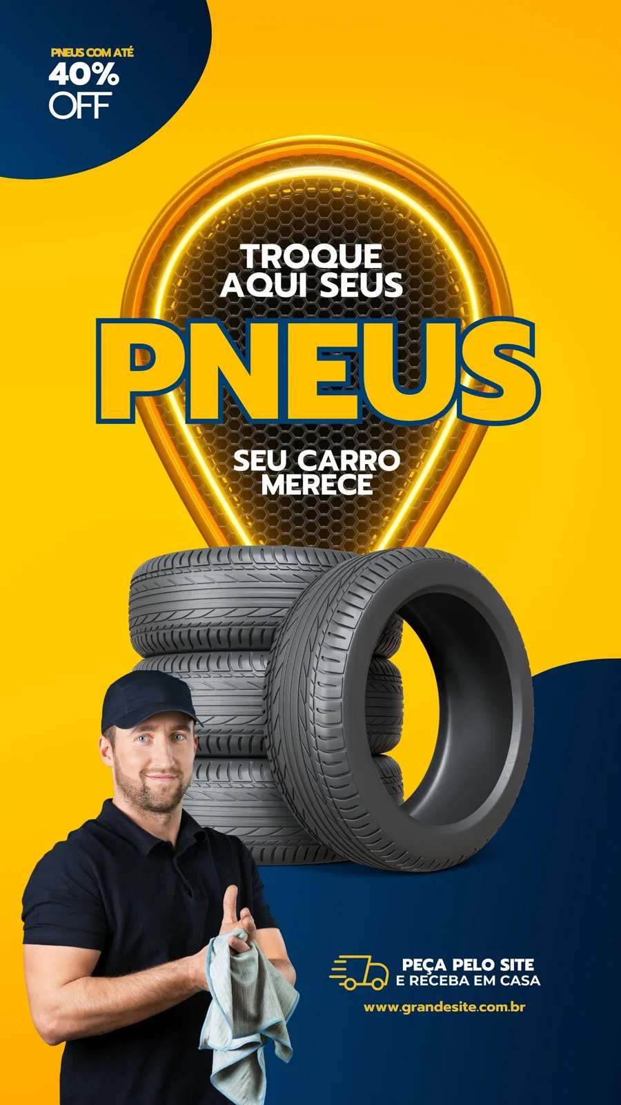 Story para Instagram de loja de pneus com fundo amarelo e azul, destacando a oferta de 40% OFF na troca de pneus. Um mecânico sorridente aparece ao lado de pneus novos, promovendo o serviço e a compra online com entrega.