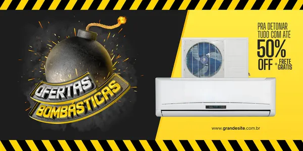 Banner horizontal de liquidação com tema de explosão, destacando um ar-condicionado moderno com a oferta de 50% OFF e frete grátis. Fundo preto e amarelo com detalhes de alerta e uma bomba prestes a explodir.