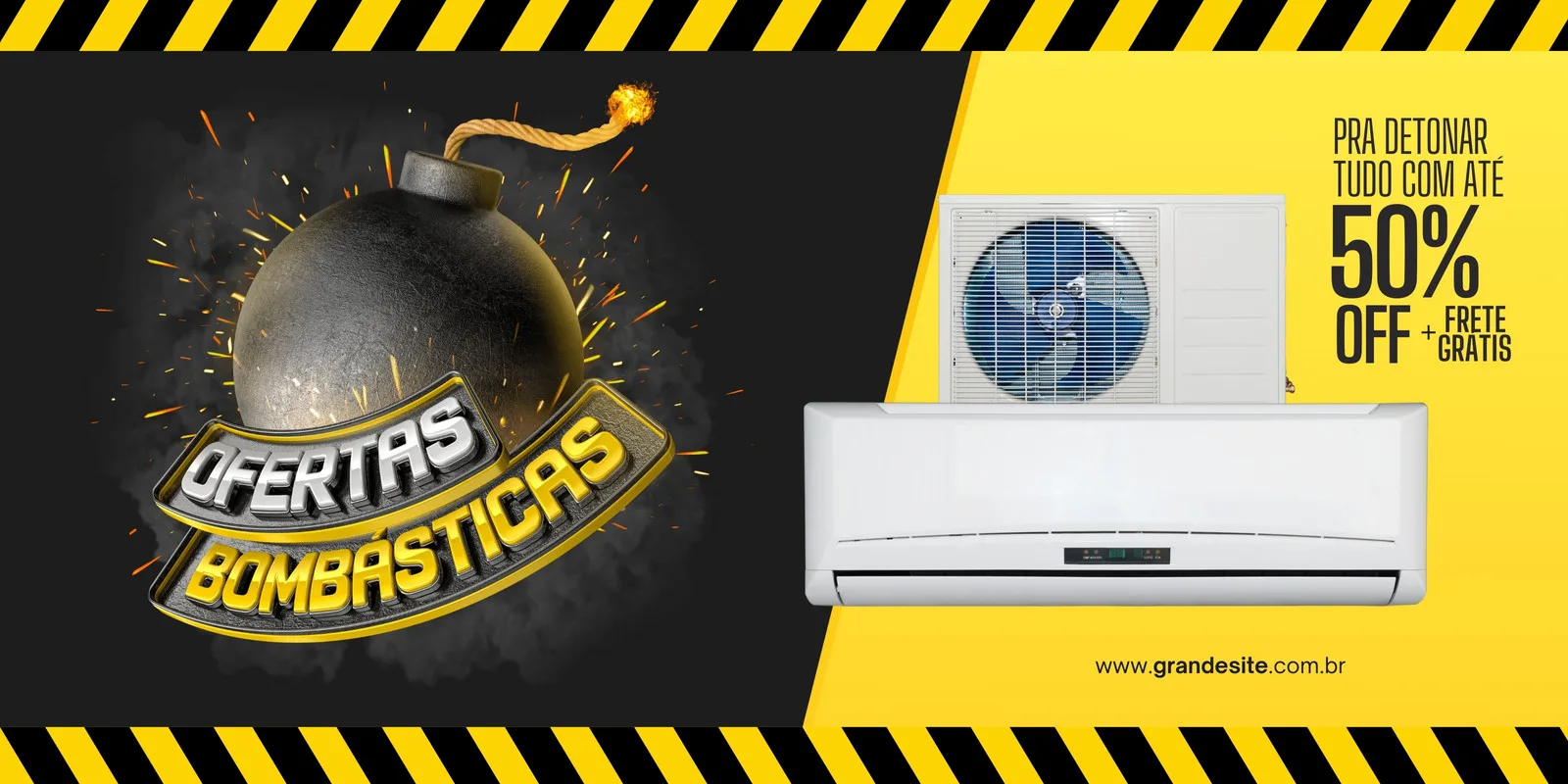 Banner horizontal de liquidação com tema de explosão, destacando um ar-condicionado moderno com a oferta de 50% OFF e frete grátis. Fundo preto e amarelo com detalhes de alerta e uma bomba prestes a explodir.