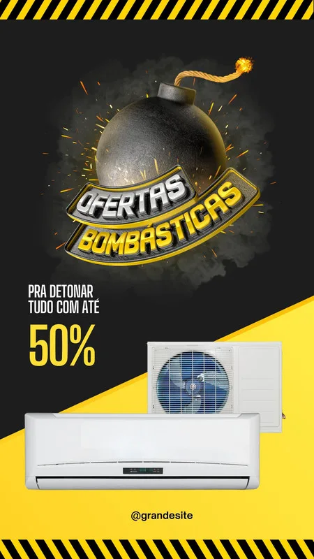 Template de Story para Instagram com design de explosão e bombinha, anunciando 'Ofertas Bombásticas' e 'Até 50% de desconto' em ar-condicionado. Cores preto e amarelo vibrantes, com imagem do aparelho em destaque.