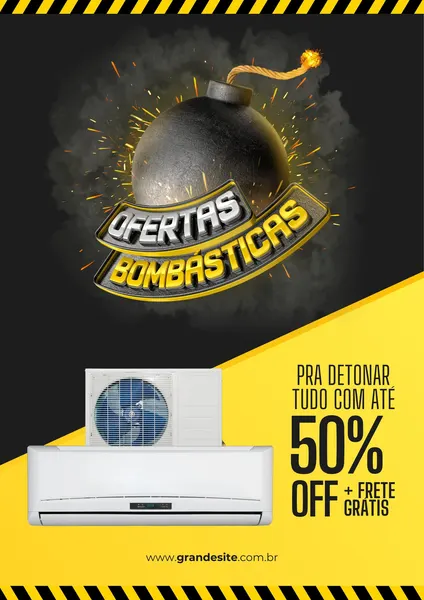 Post de promoção com um ar-condicionado branco em destaque, um fundo preto e amarelo vibrante. Um desenho de bomba explodindo com a frase 'Ofertas Bombásticas' domina o topo, anunciando 50% OFF e frete grátis.