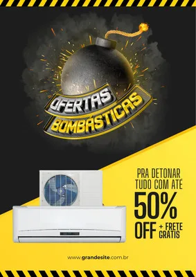 Post de promoção com um ar-condicionado branco em destaque, um fundo preto e amarelo vibrante. Um desenho de bomba explodindo com a frase 'Ofertas Bombásticas' domina o topo, anunciando 50% OFF e frete grátis.