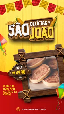 Story para Instagram com tema de Festa Junina, destacando um bolo de rolo com preço em um quadro rústico. O fundo amarelo com bandeirinhas e milhos remete às tradições juninas, perfeito para divulgar ofertas de comida.