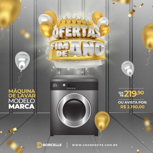 Template de post para Instagram com tema de fim de ano, destacando uma máquina de lavar em promoção. Elementos dourados e prateados como balões e confetes criam um clima festivo. O texto principal anuncia 'Ofertas Fim de Ano'.