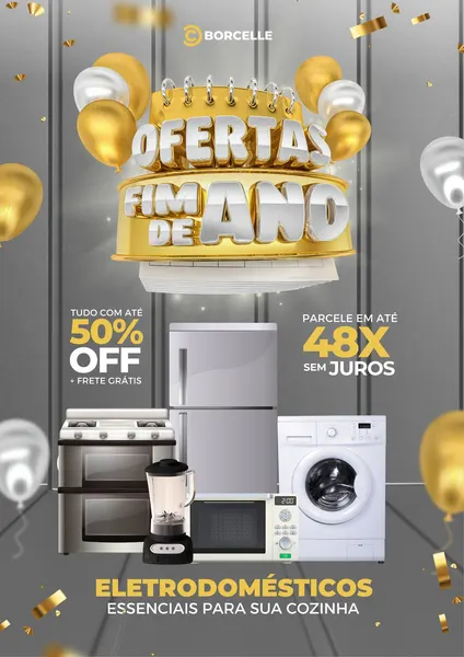 Template de post para redes sociais com tema de ofertas de fim de ano para loja de eletrodomésticos. Apresenta um banner dourado com 'Ofertas Fim de Ano', balões dourados e prateados, e imagens de geladeira, fogão, máquina de lavar, liquidificador e micro-ondas. Destaca 50% OFF e 48x sem juros.