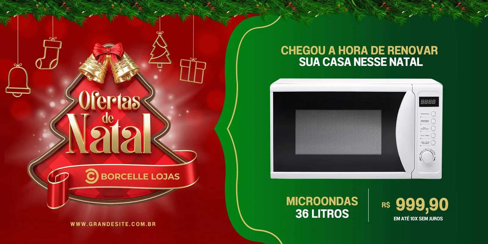 Banner horizontal de Natal com tema de ofertas de eletrodomésticos. Apresenta um micro-ondas em destaque com preço, ao lado de elementos natalinos como sinos, meias e árvores, em tons de vermelho e verde.