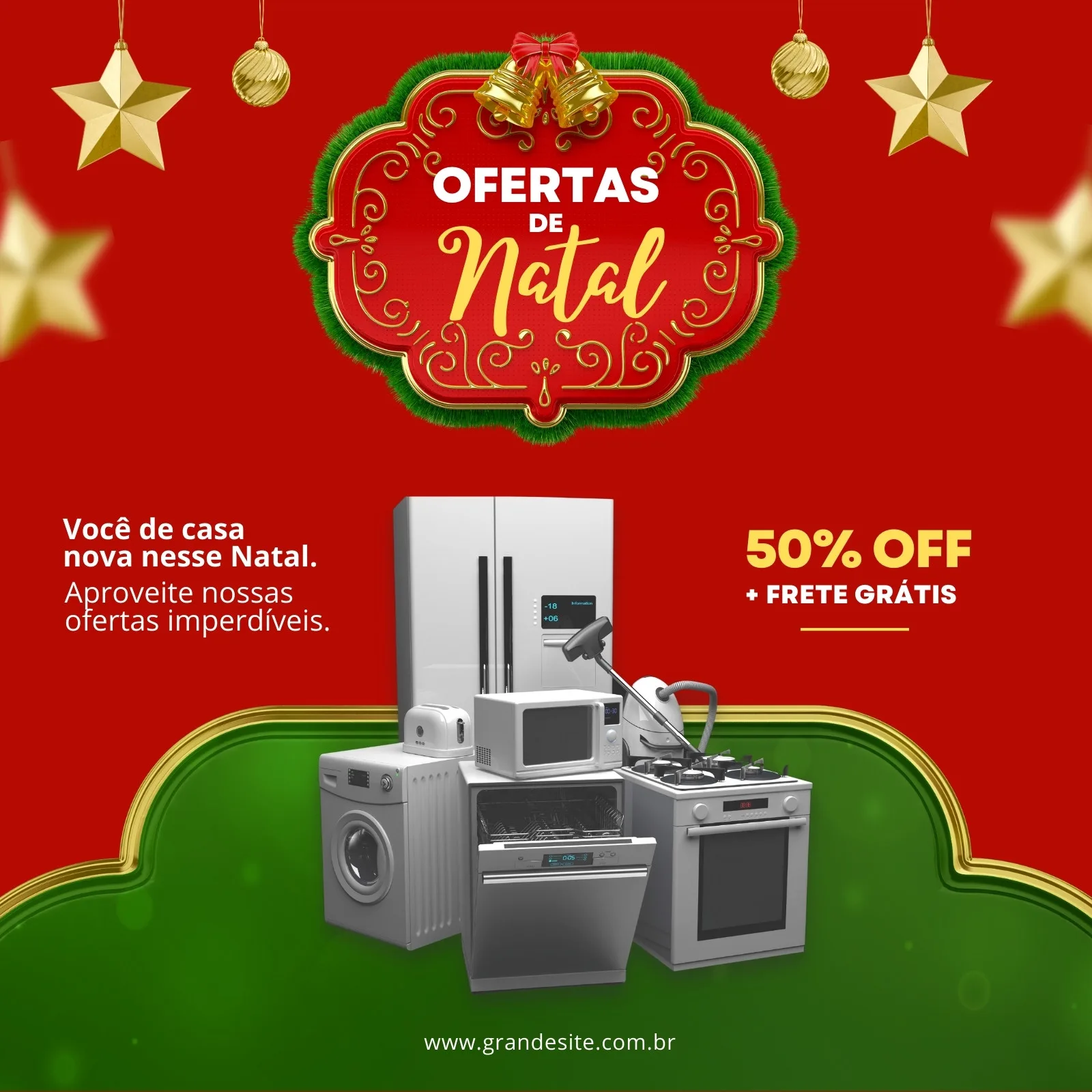 Post de Instagram com tema de Natal para venda de eletrodomésticos. Fundo vermelho com detalhes verdes e dourados, apresentando uma geladeira, máquina de lavar, fogão, micro-ondas e outros aparelhos, com a oferta de 50% OFF e frete grátis em destaque.
